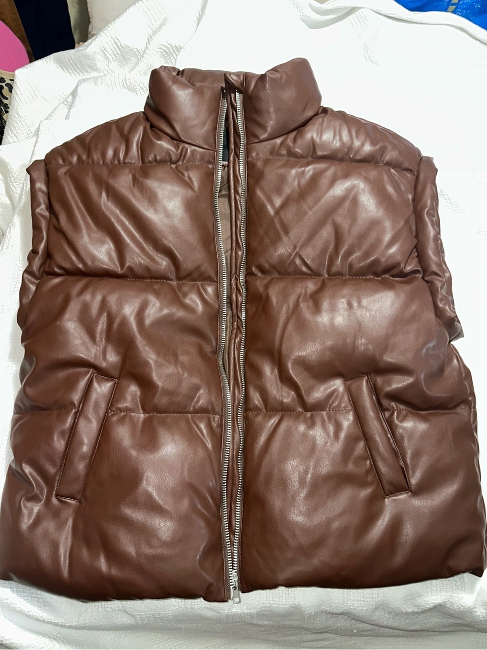 Forever 21 Brown Faux Leather Puffer Vest Women’s Large L Zip Up Fall Y2K